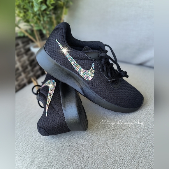 Womens Nike Black Tanjun Shoe Customized with Swarovski Crystal Rhinestones - Picture 2 of 9